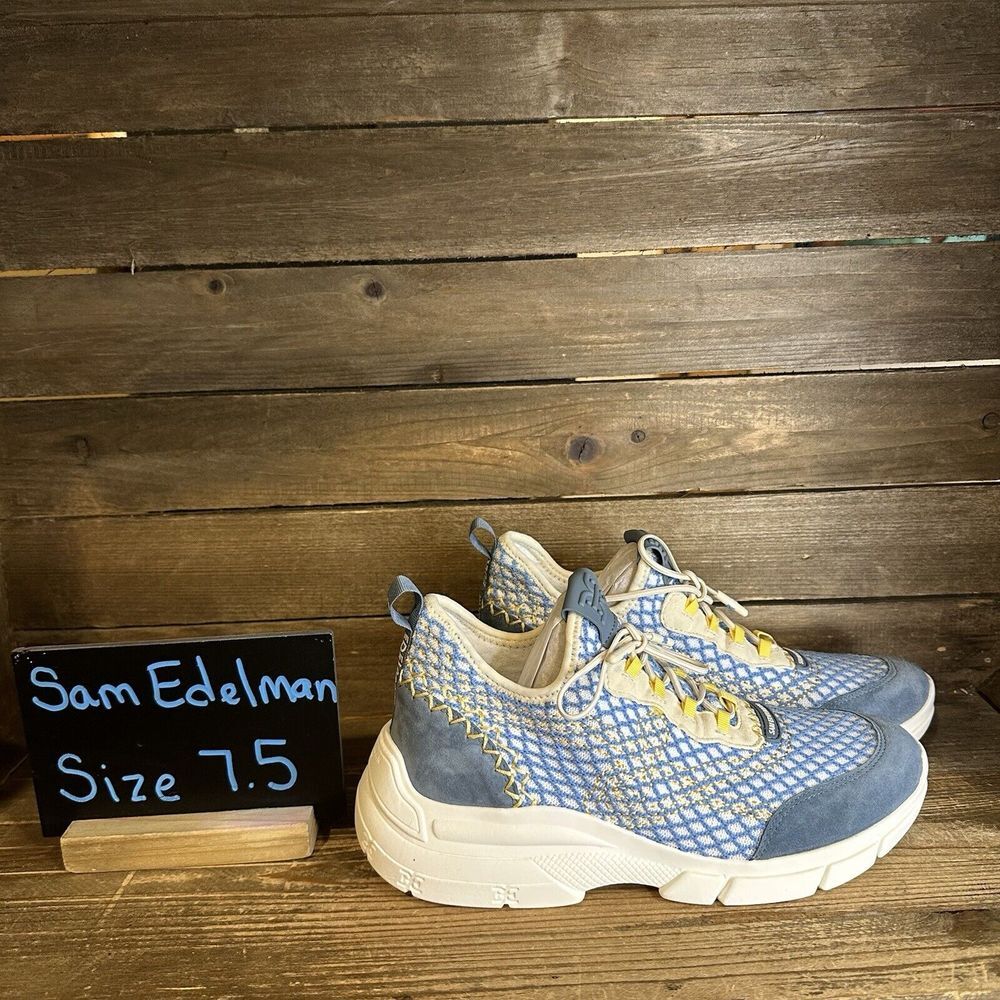 New NWOB $140 Womens Sam Edelman Chelsie Blue Knit/Suede Sneaker Shoe Size 7.5 M